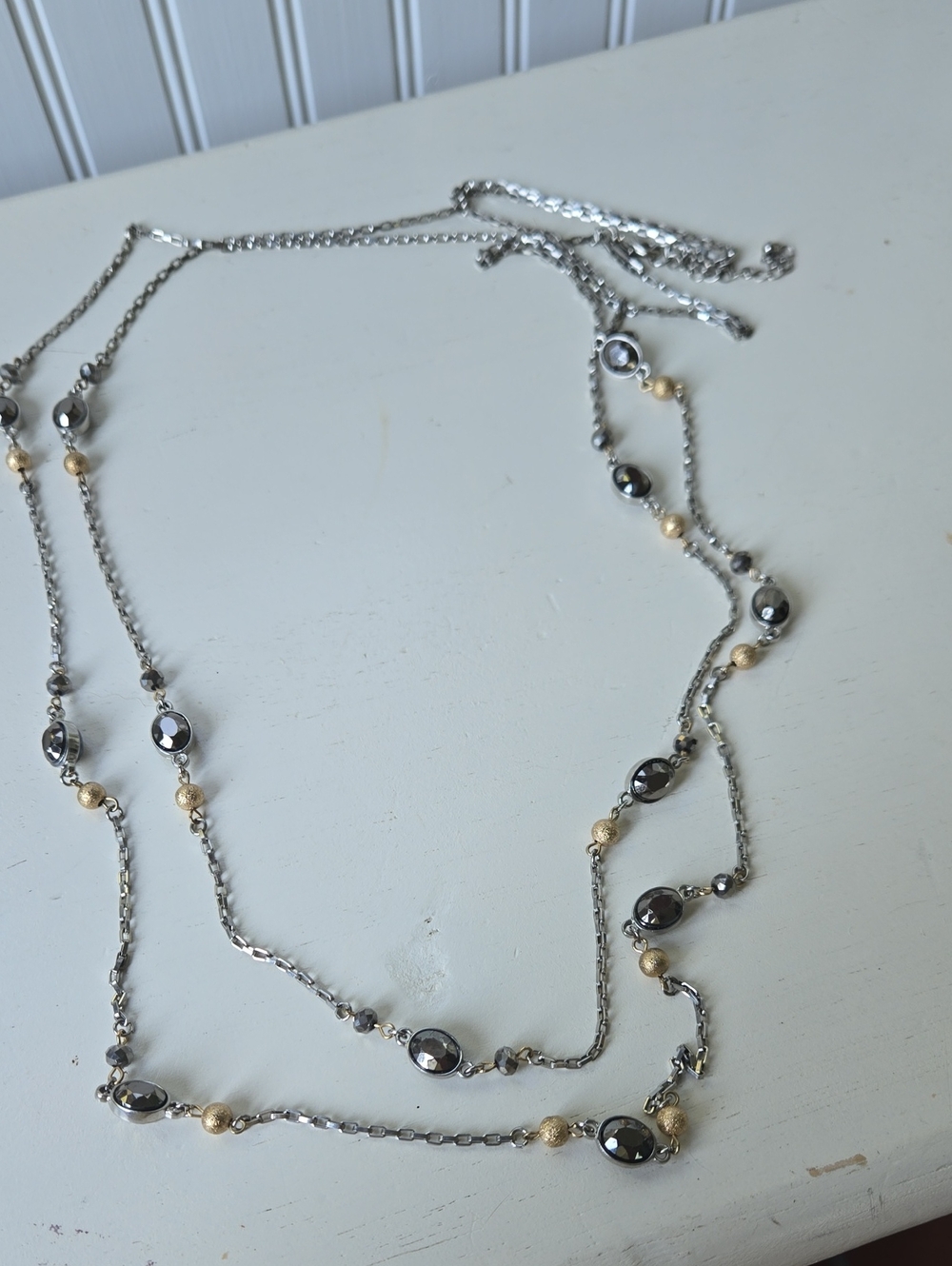 Long Silver and Gold Bead Layered Necklace - Women's Jewelry